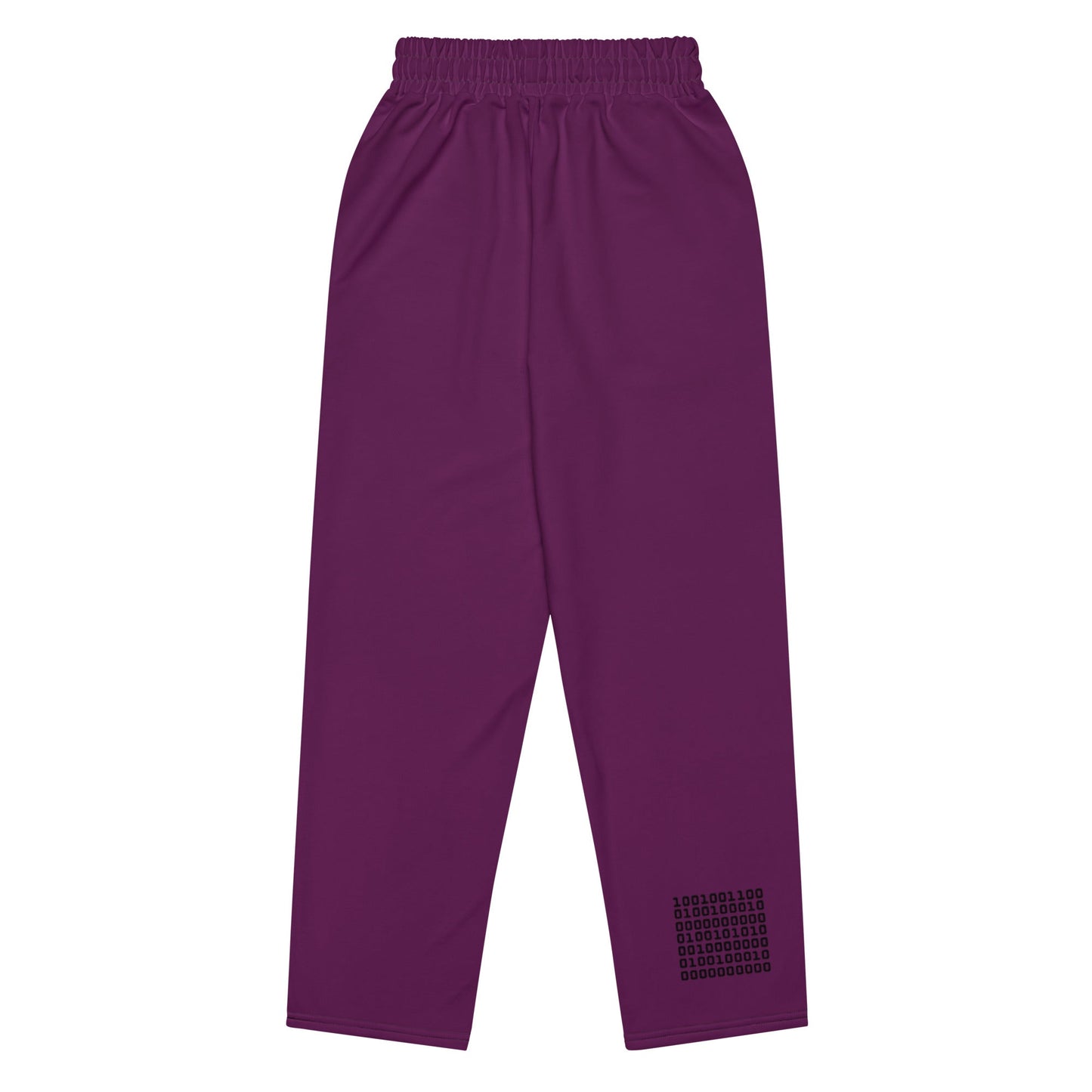 A close-up of The Tokyo Purple Flow Wide Joggers, highlighting the unique binary code print (1s and 0s) printed on the back left leg, fusing data and style.
