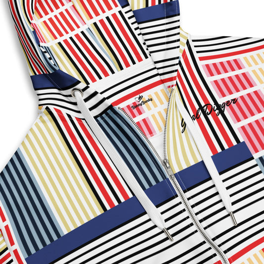 A close-up of The Vienna Zip Hoodie's Art Nouveau print, showing the grid of black lines separating the primary colour rectangles.