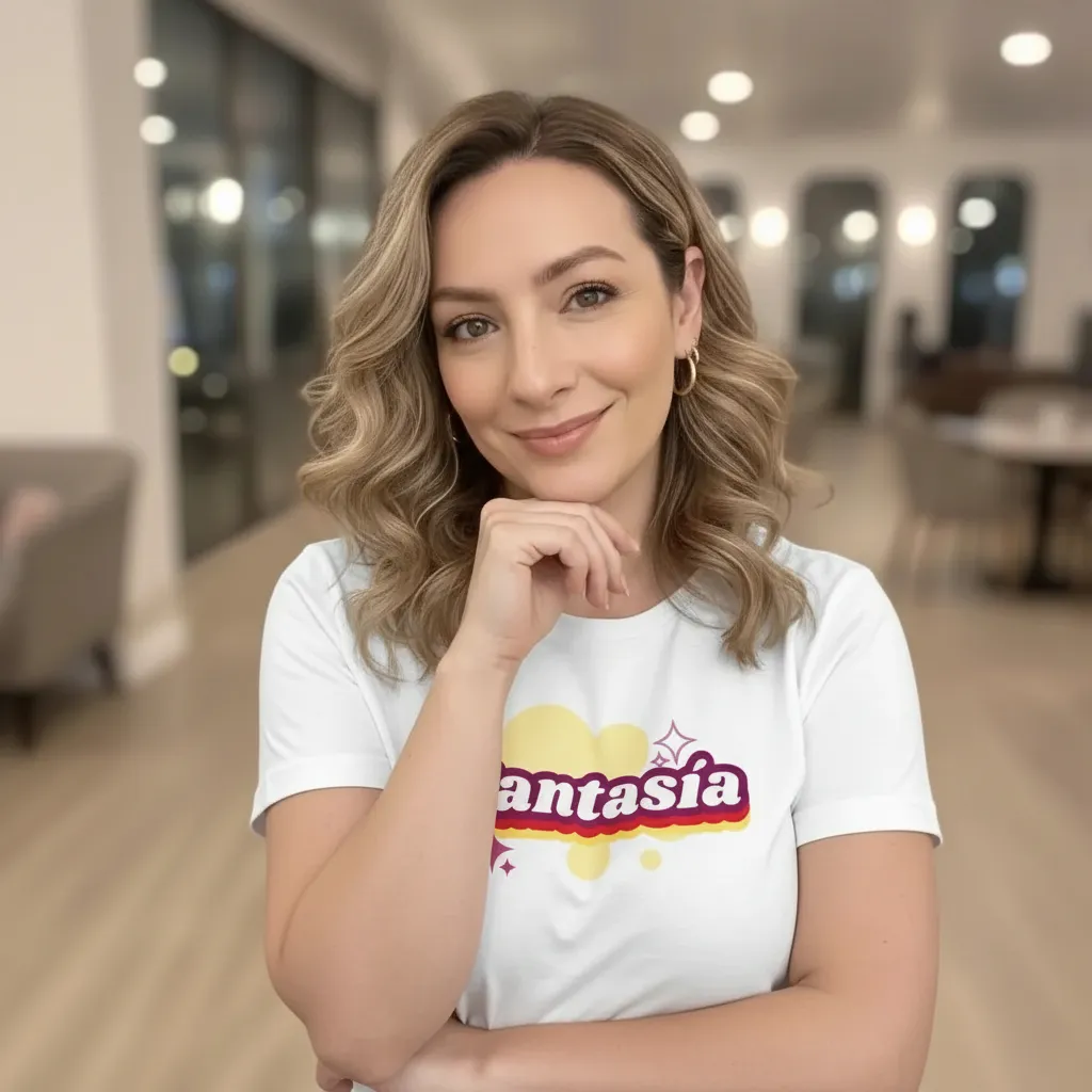 BunnyBanky CEO Catherine wearing the Fantasia organic cotton graphic t-shirt in a modern atelier setting.