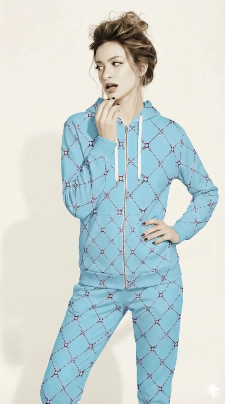 AI Proprietary Model wearing the full Belgravia  Set, showing the burgundy and light blue geometric monogram print on both the zip hoodie and the slim fit joggers, emphasizing the cohesive, tailored look of the recycled polyester set.