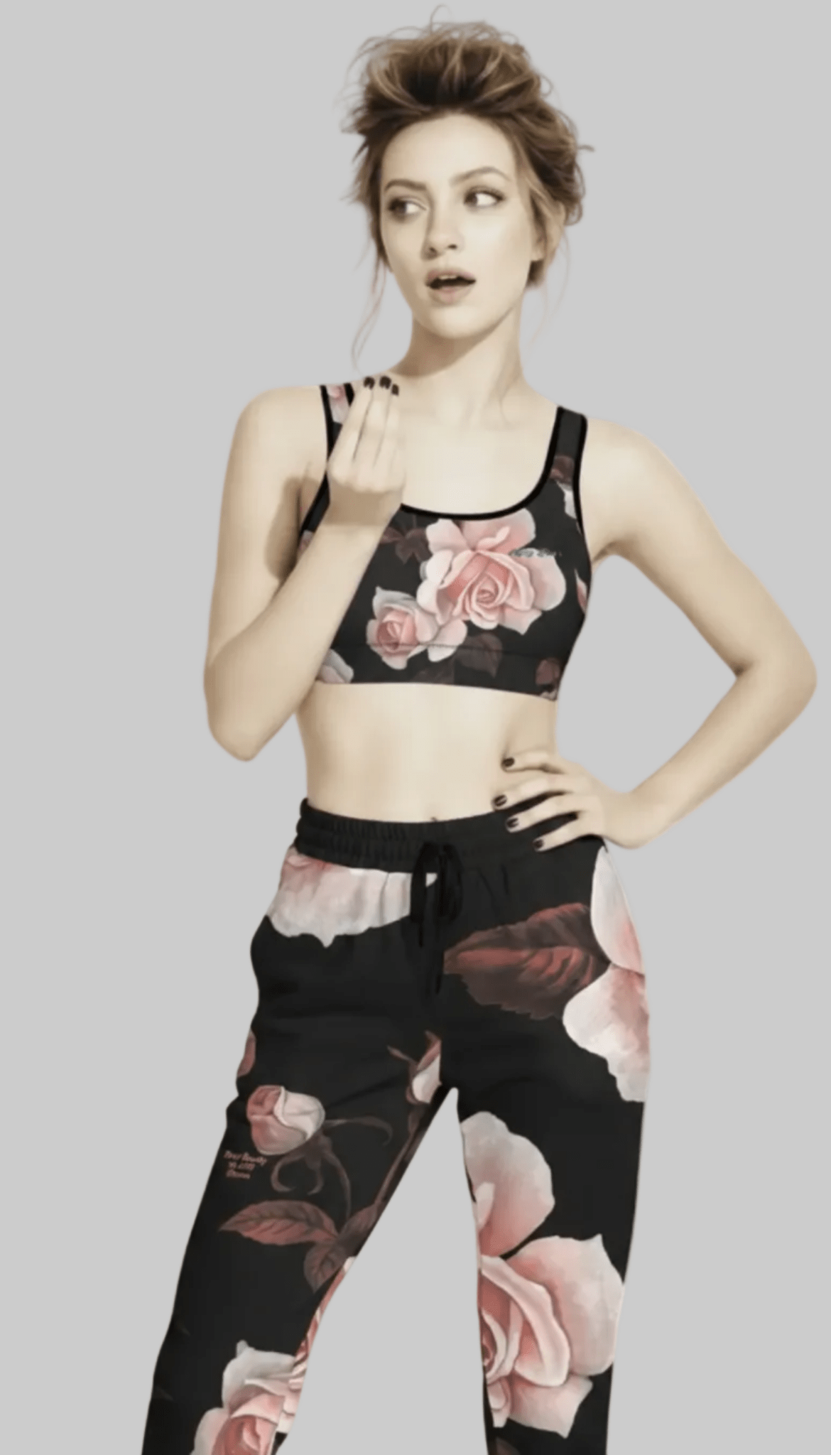 BunnyBanky EcoGlam set: Paris Performance Bra and wide-leg joggers in rose print. Sustainable recycled activewear bridging digital atelier design with elite athletic movement for the modern woman.