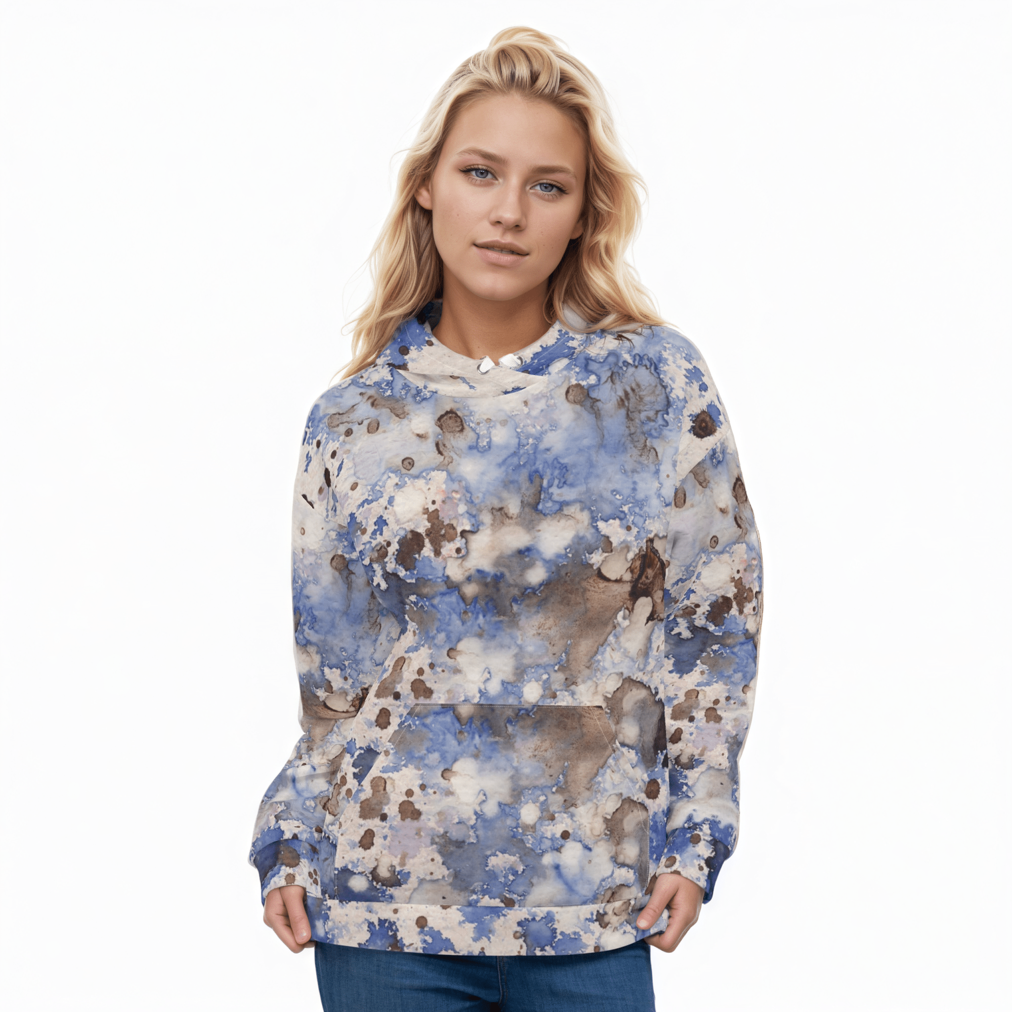 A BunnyBankY AI proprietary model wearing the Amalfi Resort Hoodie and matching wide-leg joggers. The image showcases the fluid light blue, beige, and brown 
