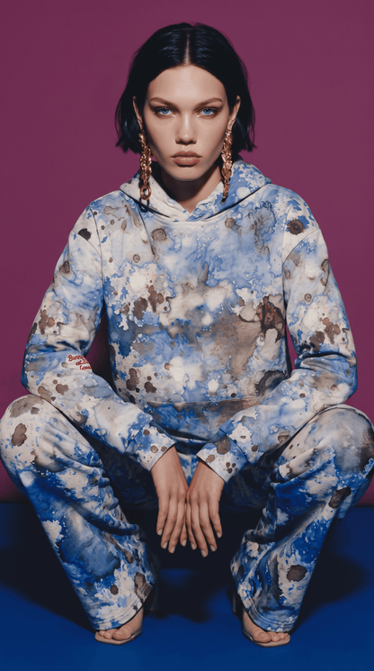 A model wearing the Amalfi Resort Hoodie and matching flow joggers in a matching blue and white abstract print hoodie and sweatpants set, posing in a crouched position against a solid purple background.