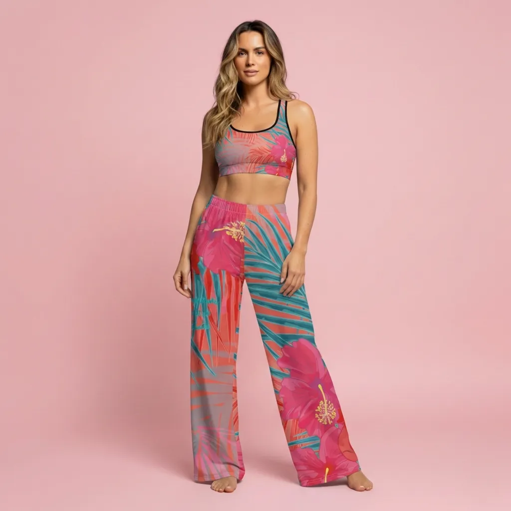 A BunnyBankY AI proprietary model wearing the District Tropics Wide-Leg Joggers and matching performance bra. The image highlights the flowing silhouette and the vibrant pink, orange, and blue tropical floral pattern.