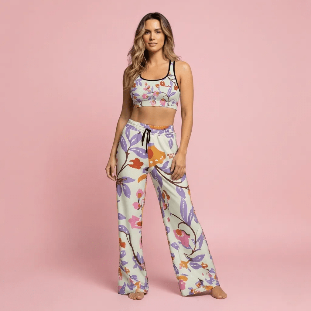 BunnyBankY AI Proprietary Model wearing the complete Sloane Square set, featuring the Sloane Square Performance Bra and Sloane Square Flow Wide Joggers. The set showcases the elegant oversized pink and lilac floral print on the off-white fabric.