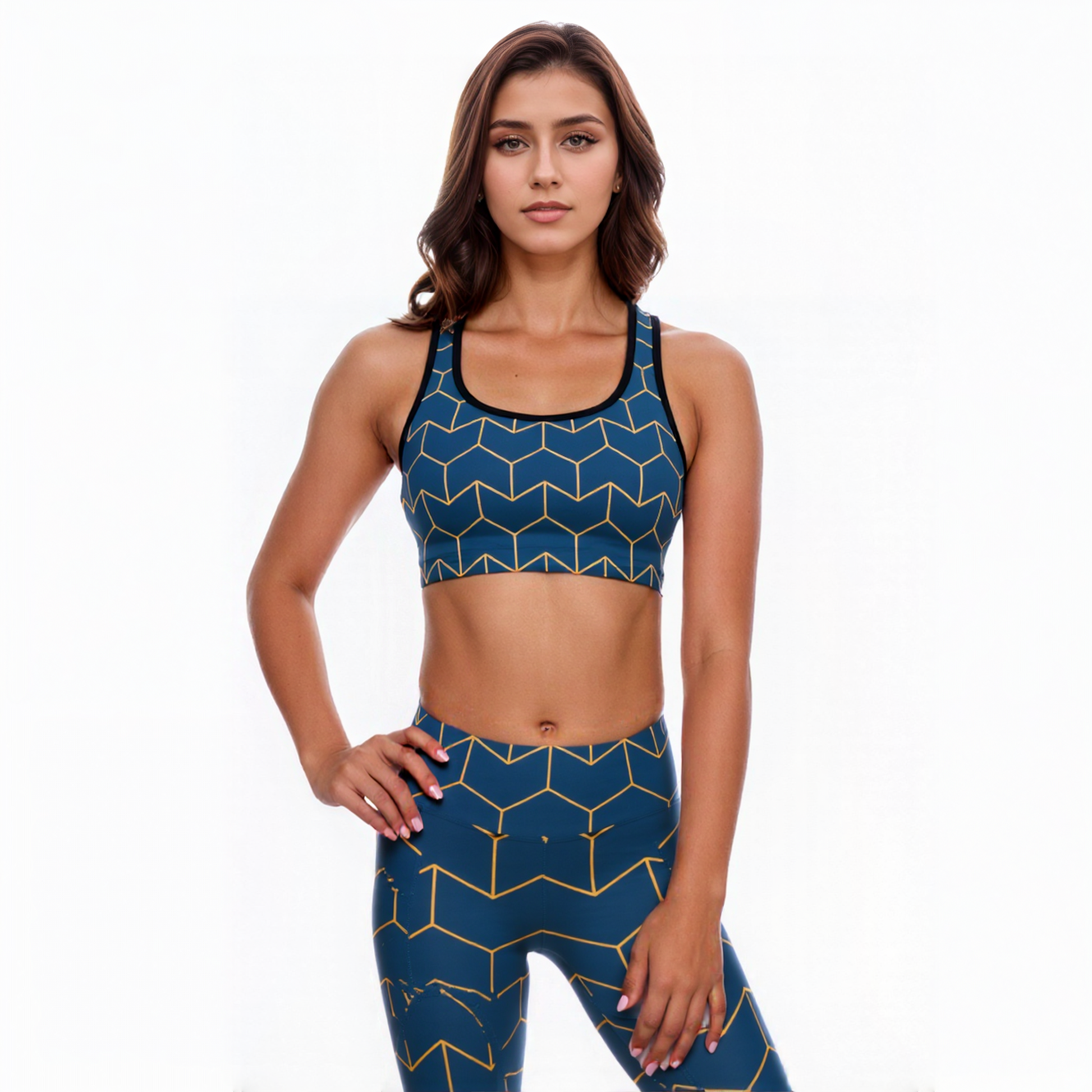 A model wearing The Barons Court EcoGlam Set featuring a Performance Bra and Sculpt Leggings set, showing the classic navy blue and yellow Art Deco print, inspired by the London Atelier's home.