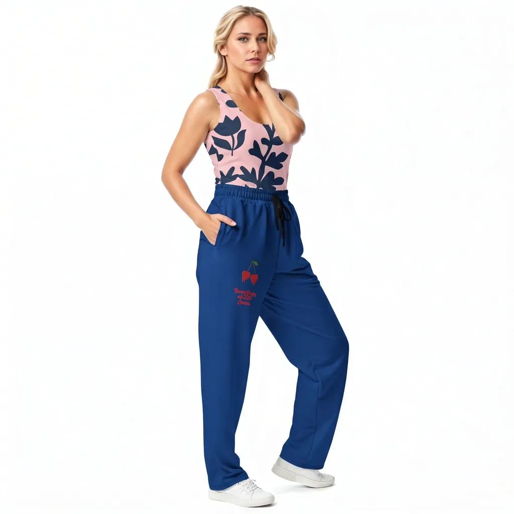 BunnyBanky AI Model wearing the Kensington Performance Tank featuring navy blue floral pattern on soft pink fabric, and the LA Flow Wide Joggers in blue with vibrant pop art duo cheries and the signature logo.