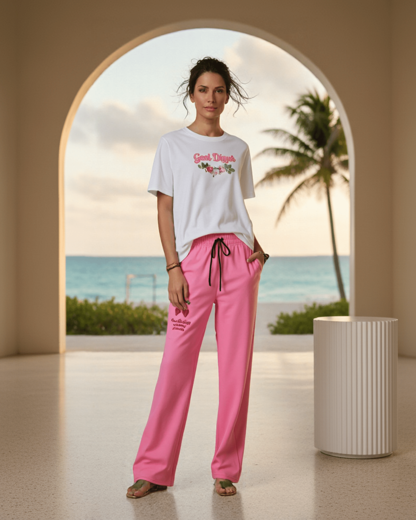BunnyBankY AI Model wearing The Goal Digger T-shirt and vibrant pink Flow Joggers with Pop art duo cherry and signature logo.
