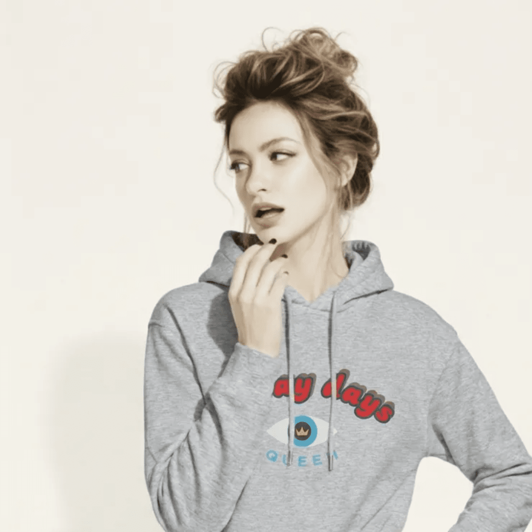 BunnyBankY AI  model wearing The Mykonos Hoodie, showing the relaxed fit, drawstring hood, and the  Crown and "Queen" print on the front center.