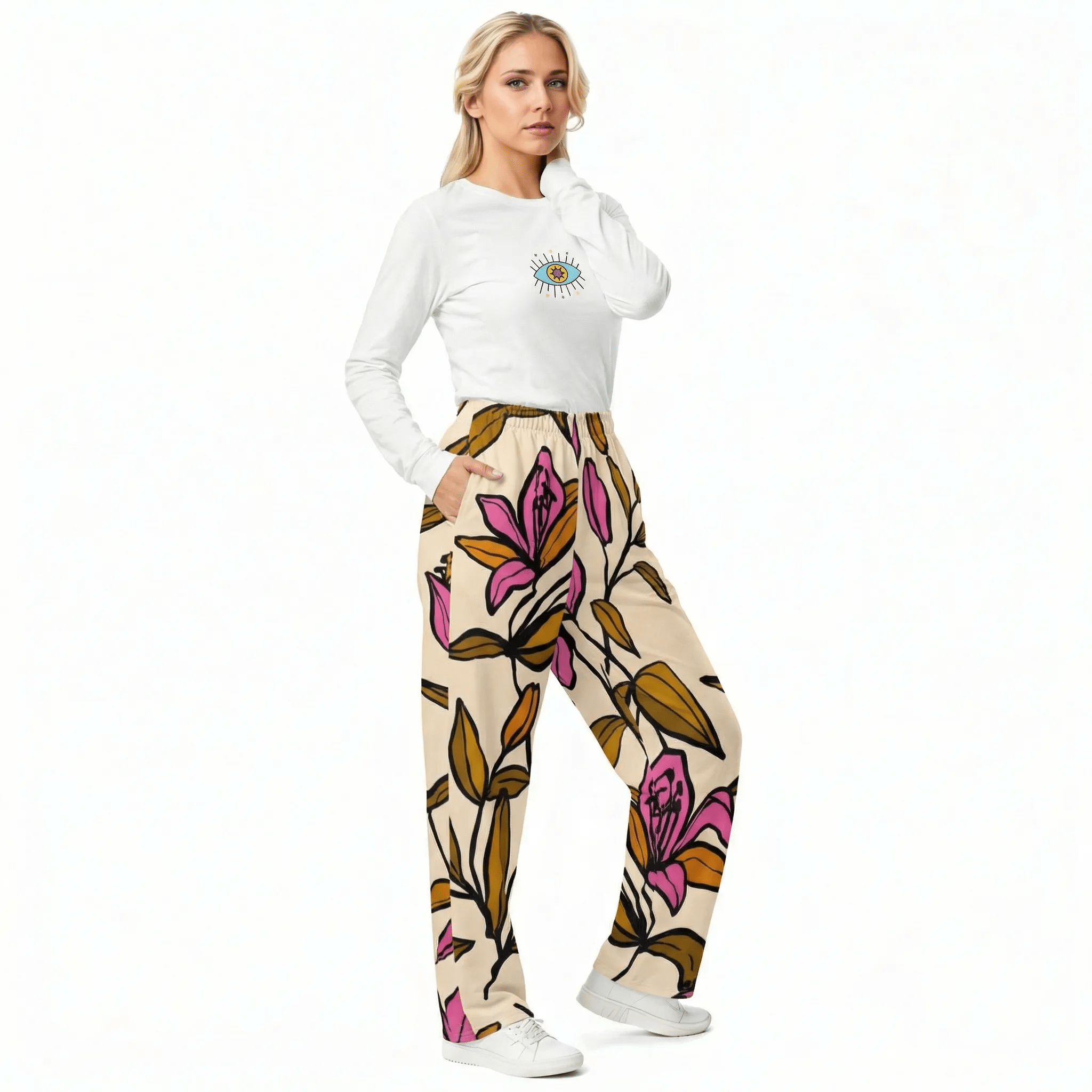 BunnyBankY AI model wearing The Mykonos Long Sleeve, showing the regular fit and the pop-art evil eye print on the front center.