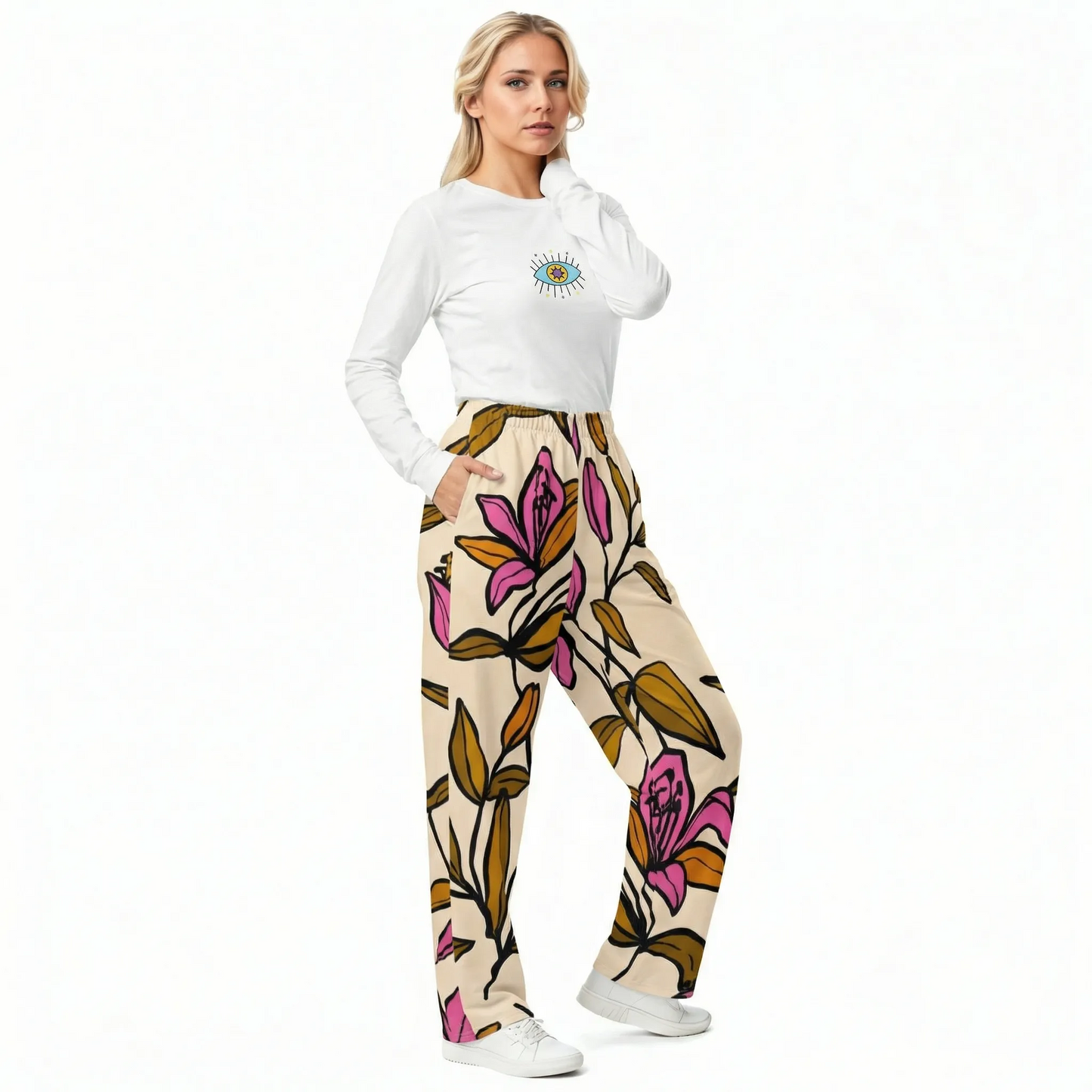 BunnyBankY AI model wearing The Mykonos Long Sleeve, showing the regular fit and the pop-art evil eye print on the front center.