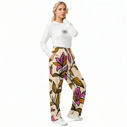 BunnyBankY AI model wearing The Mykonos Long Sleeve, showing the regular fit and the pop-art evil eye print on the front center.