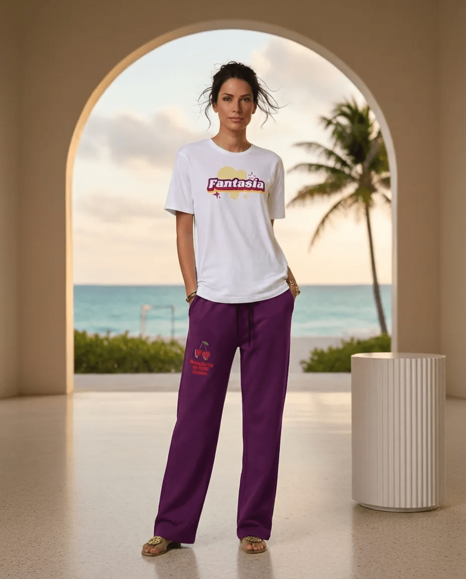 A BunnyBanky AI proprietary model wearing The Tokyo Purple Flow Wide Joggers, showing the relaxed fit and the playful Pop Cherry print on the dark purple fabric.