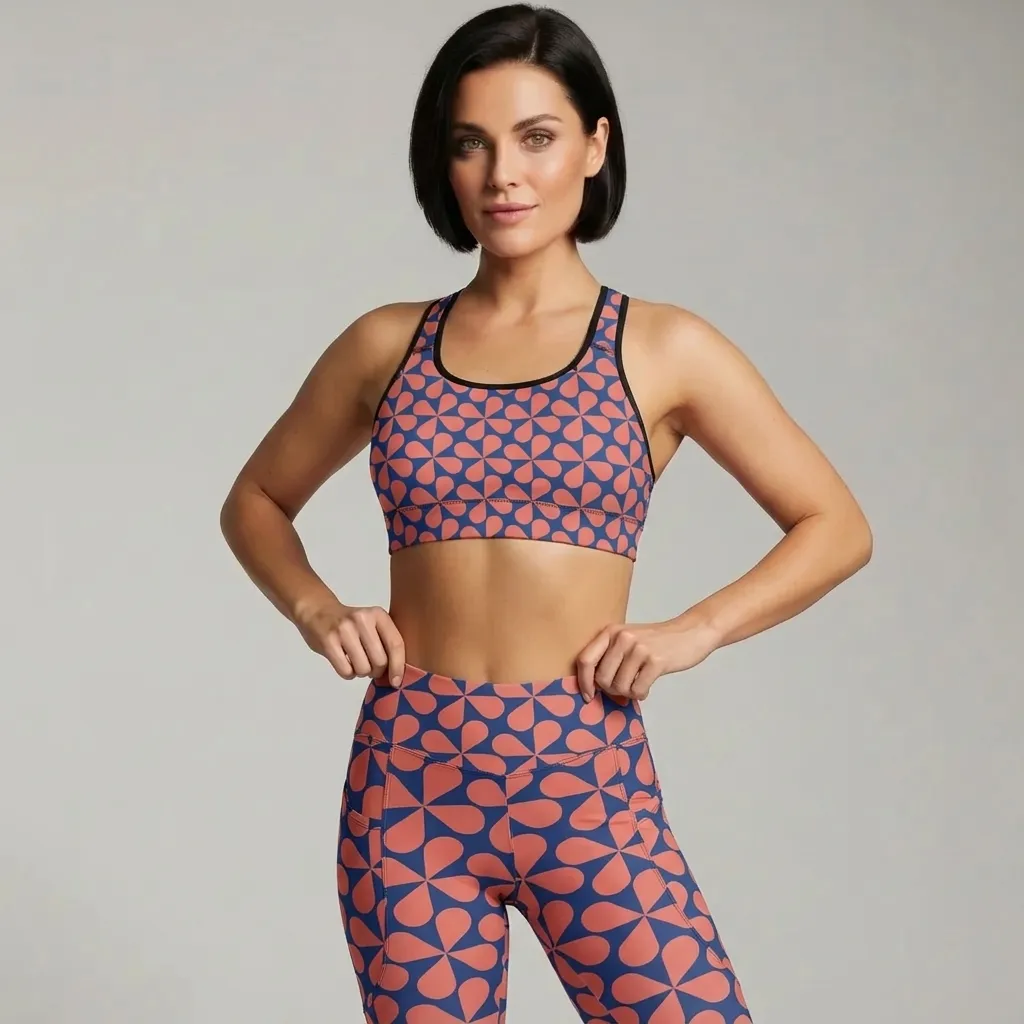 BunnyBankY AI proprietary Model wearing the full Bakerloo set, Sculpt Leggings and Performance Bra in matching geometric pattern in blue with coral background.