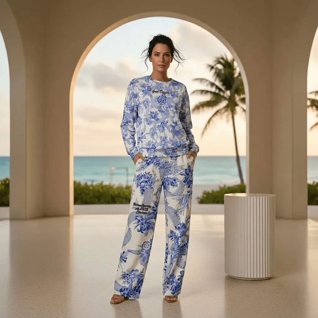 A woman stands in a modern, arched terrace overlooking a tropical beach at sunset, wearing the Saint Germain Glam Co-ord set. The outfit features a white jumper and matching wide-leg joggers adorned with an intricate, vintage-inspired blue floral and toile-like pattern and the text goal digger at the front.