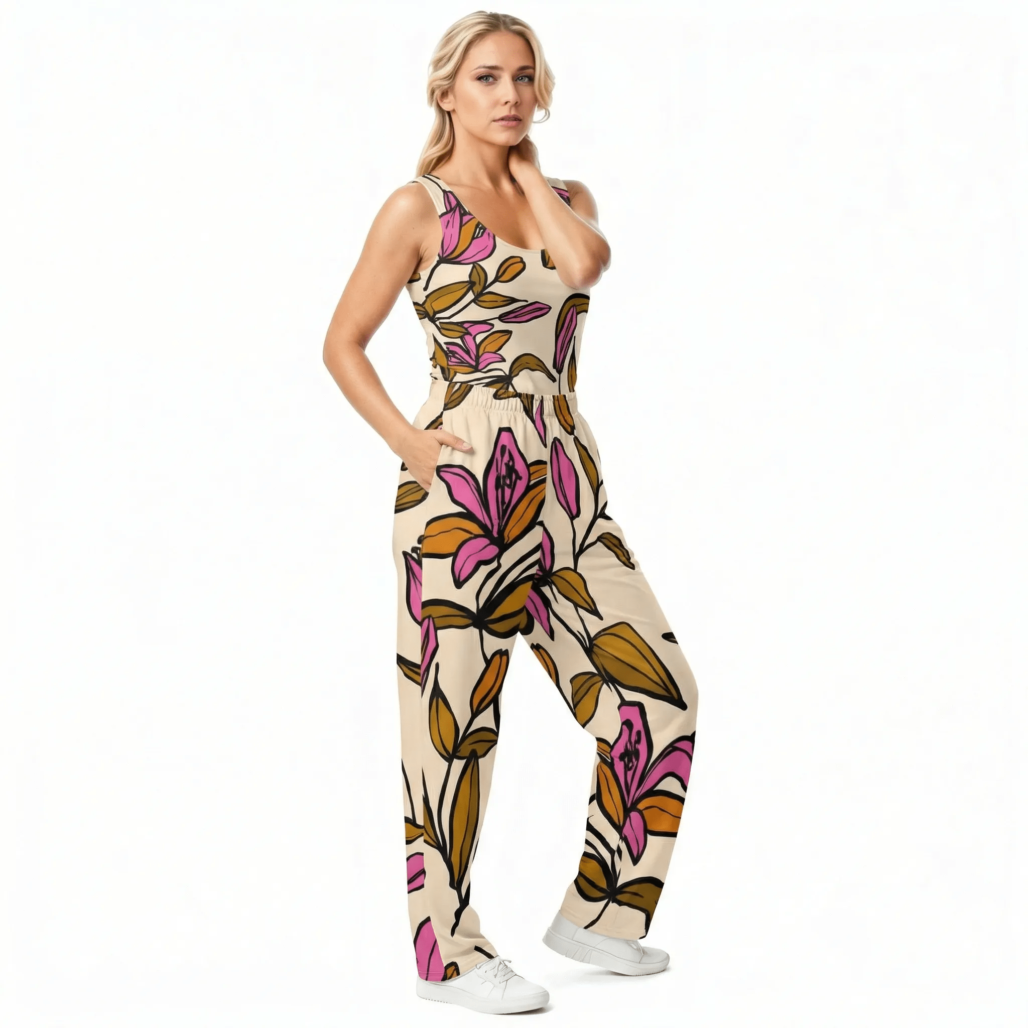 BunnyBankY Model wearing the Terra Performance Tank featuring vibrant pink  and green floral pattern on soft cream  fabric.