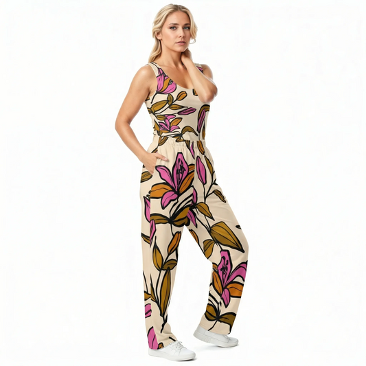 BunnyBankY Model wearing the Terra Performance Tank featuring vibrant pink  and green floral pattern on soft cream  fabric.