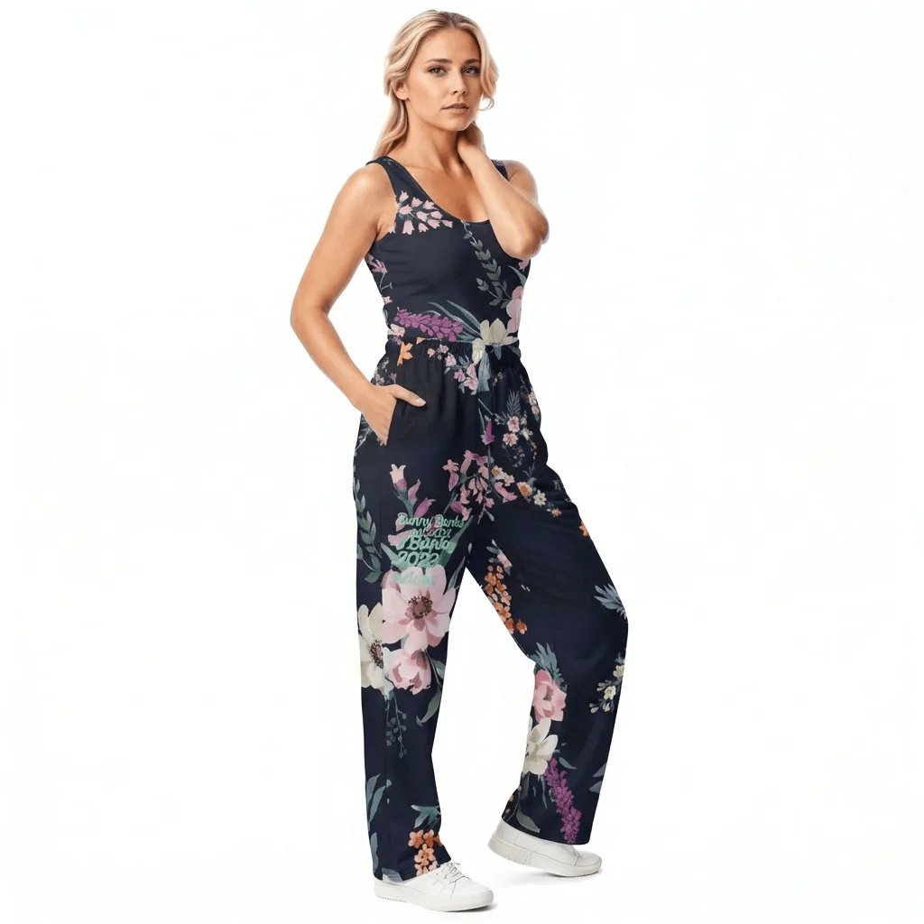 Model wearing the Kew Botanical Performance Tank featuring pink  and beige floral pattern on blue fabric and matching relaxed Joggers.