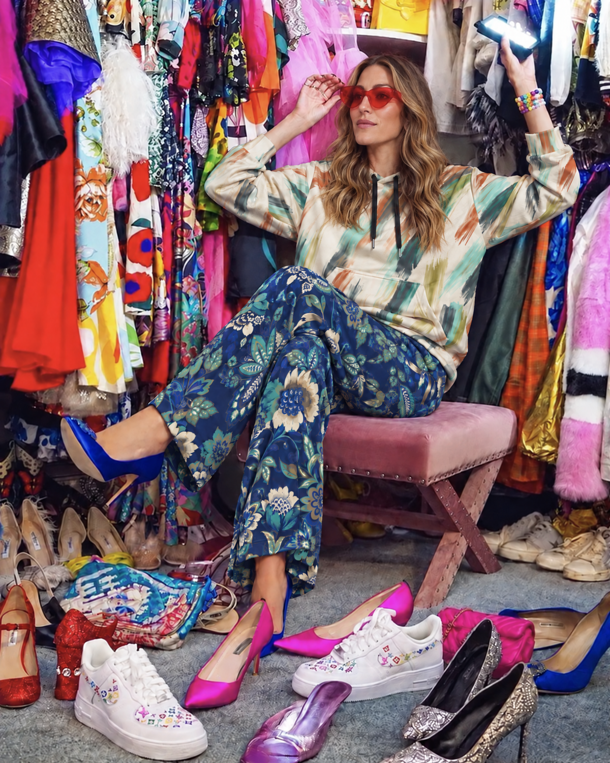 A woman wearing  the artful aura hoodie, a colorful abstract-print hoodie and the rio flow joggers, blue floral wide-leg cut, sits on a pink stool inside a cluttered closet filled with clothing, shoes, and sunglasses.