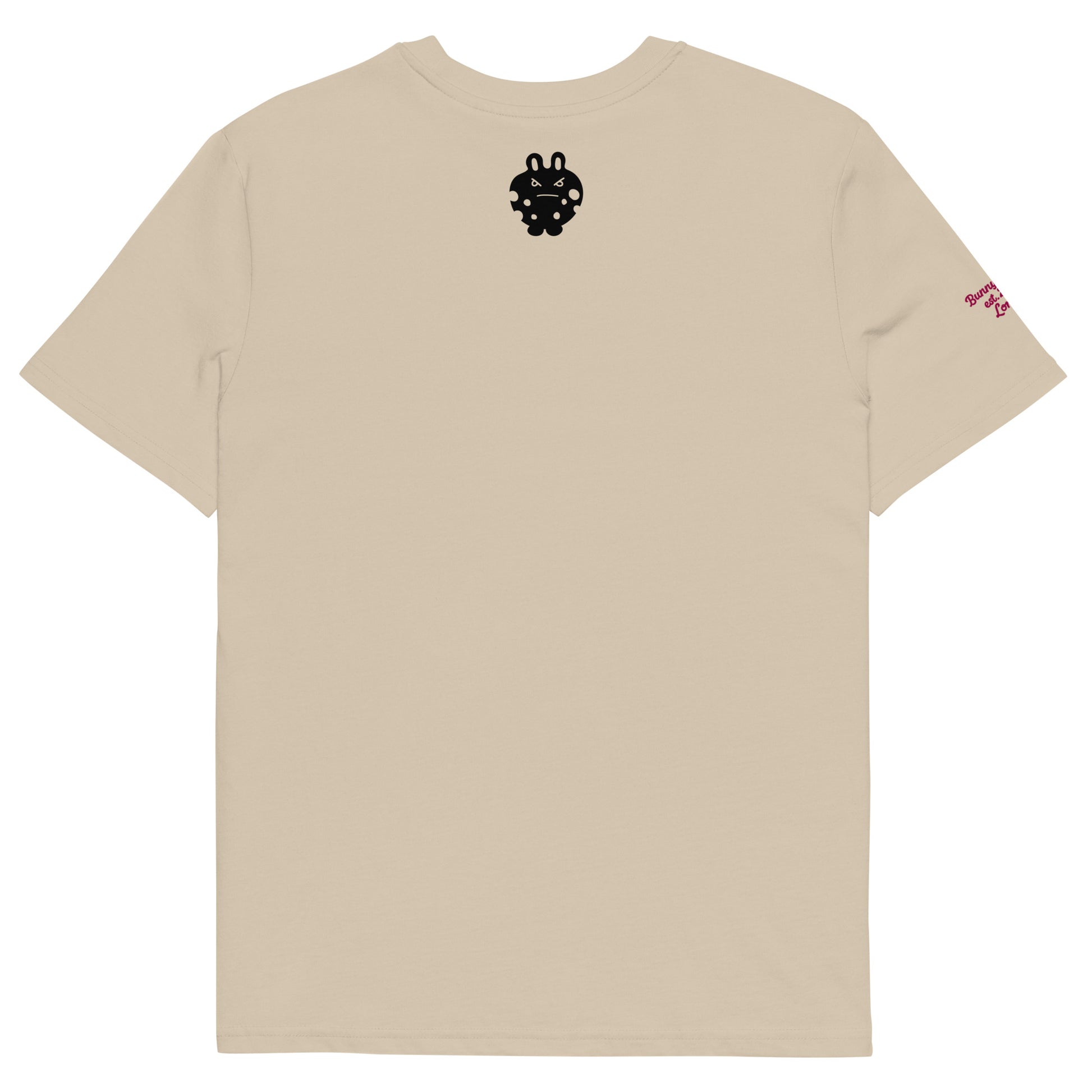 Back view of the BunnyBanky unisex organic cotton t-shirt in desert dust beige, featuring a bold black bunny monster character graphic printed on the center chest, and a smaller one at the back