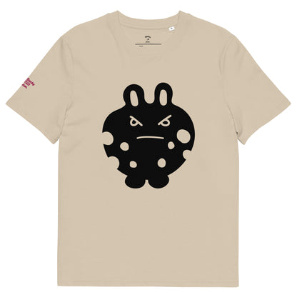Front view of the BunnyBanky unisex organic cotton t-shirt in desert dust beige, featuring a bold black bunny monster character graphic printed on the center chest, and a smaller one at the back