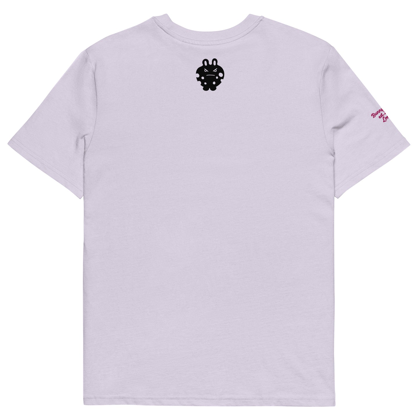 Back view of the BunnyBanky unisex organic cotton t-shirt in soft lilac purple, featuring a bold black bunny monster character graphic printed on the back.