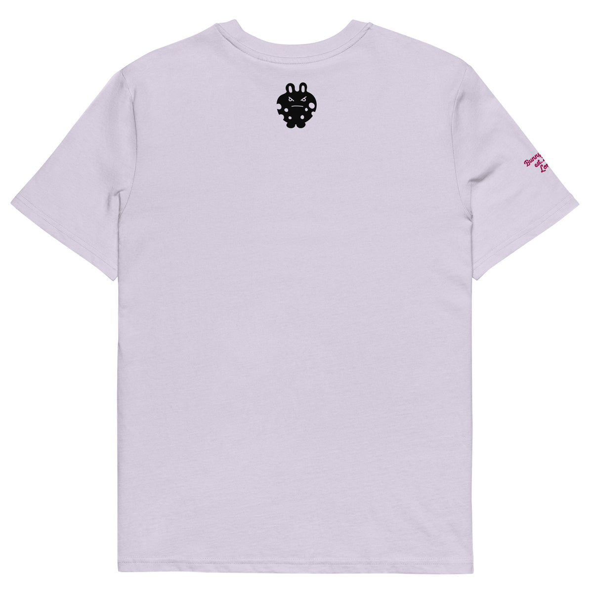Back view of the BunnyBanky unisex organic cotton t-shirt in soft lilac purple, featuring a bold black bunny monster character graphic printed on the back.