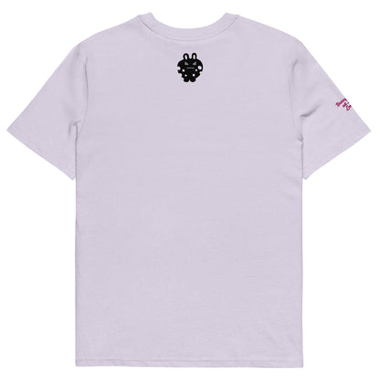 Back view of the BunnyBanky unisex organic cotton t-shirt in soft lilac purple, featuring a bold black bunny monster character graphic printed on the back.