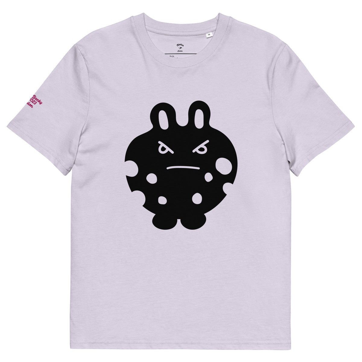 Front view of the BunnyBanky unisex organic cotton t-shirt in soft lilac purple, featuring a bold black bunny monster character graphic printed on the center chest.
