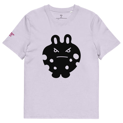 Front view of the BunnyBanky unisex organic cotton t-shirt in soft lilac purple, featuring a bold black bunny monster character graphic printed on the center chest.