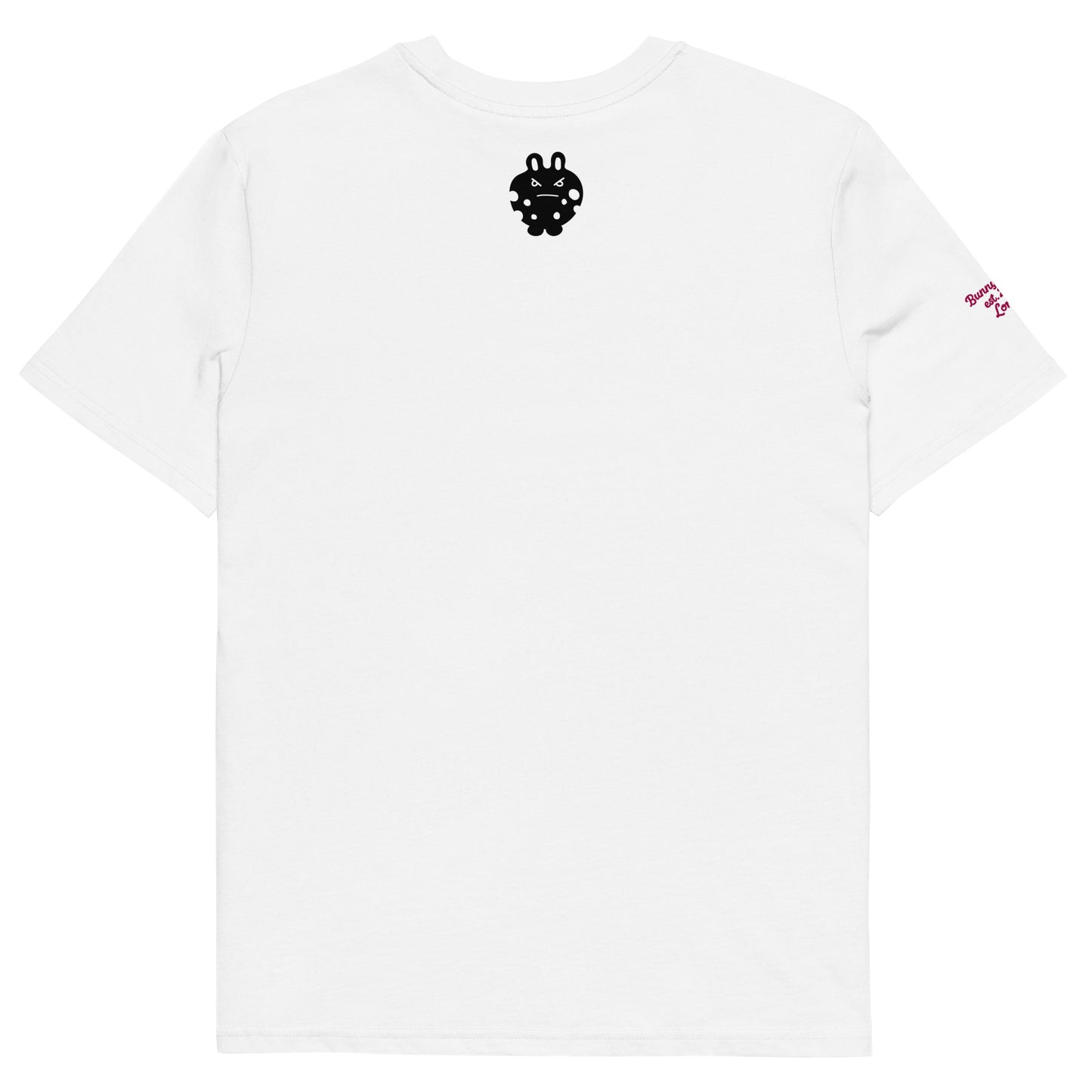 Back view of the BunnyBanky unisex organic cotton t-shirt in crisp white, featuring a bold black bunny monster character graphic printed on the back.