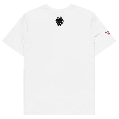 Back view of the BunnyBanky unisex organic cotton t-shirt in crisp white, featuring a bold black bunny monster character graphic printed on the back.