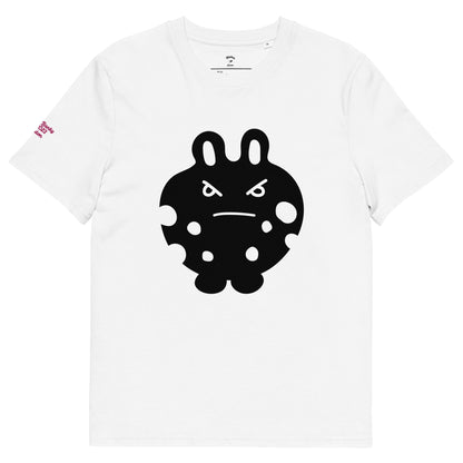 Front view of the BunnyBanky unisex organic cotton t-shirt in crisp white, featuring a bold black bunny monster character graphic printed on the center chest.
