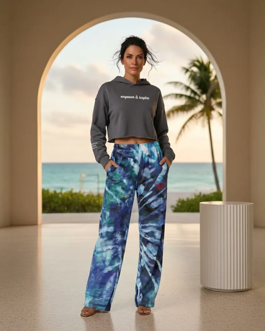 BunnyBankY AI Model wearing the Community Crop Hoodie and Athens Wide Leg Joggers