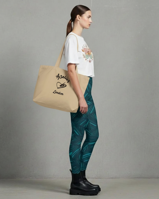 BunnyBankY AI Model wearing the Never Full Atelier Tote Bag, Revolution T-shirt and Amazonia Sculpt Leggings
