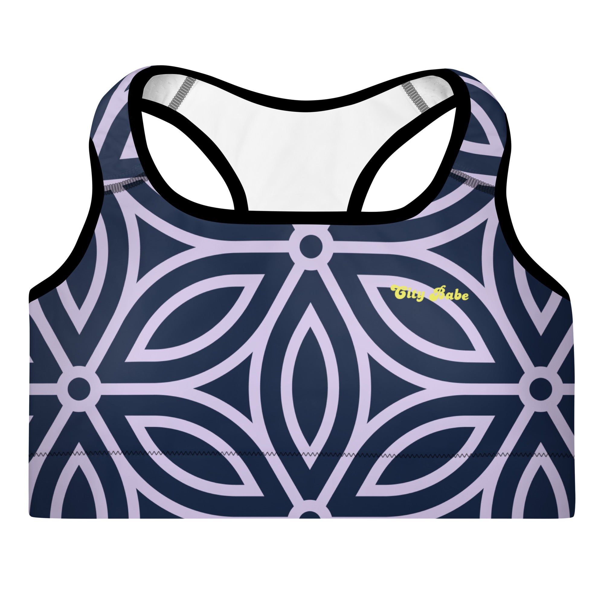  the Canary Wharf Performance Bra in blue and lilac geometric floral pattern