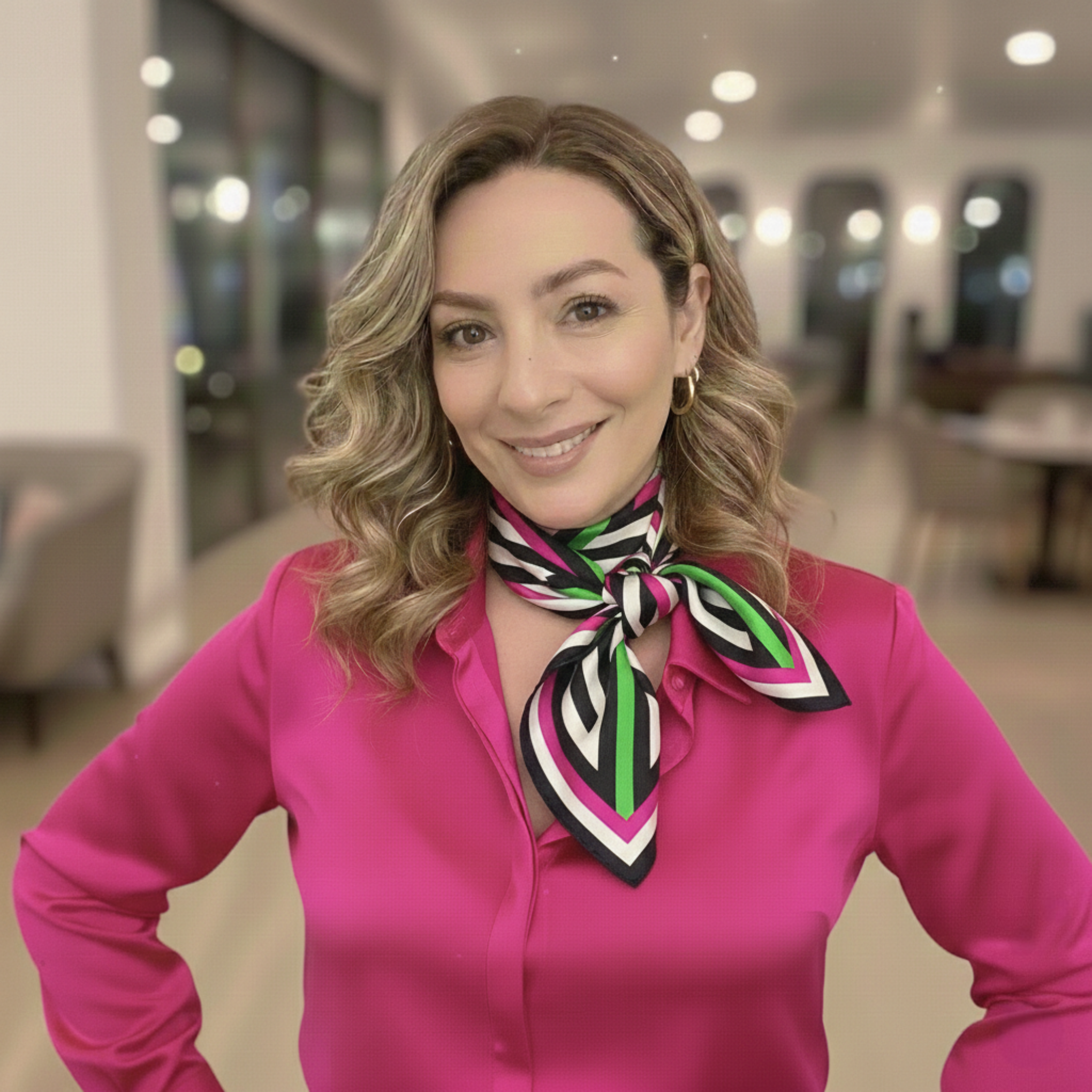 Professional portrait of Catherine Skitzi , CEO of BunnyBanky, a pioneering Fashion Tech venture. She is captured in a powerful 'pioneer' pose, wearing a fuchsia silk shirt and an architecturally-knotted scarf, embodying the 2026 'Adaptive Luxury' trend. The image signals executive authority and a commitment to systemic innovation in the global style economy.