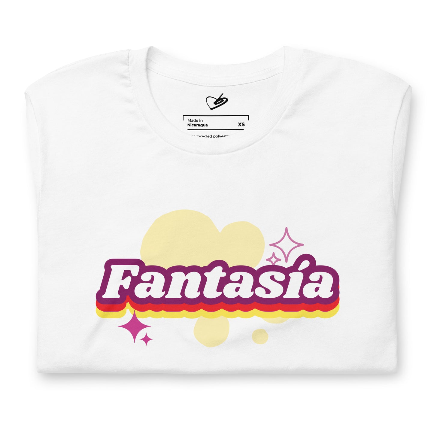 Front view close up of the Fantasia Tee featuring "Fantasia" text in vibrant, colorful pop-up lettering on 100% recycled fabric.