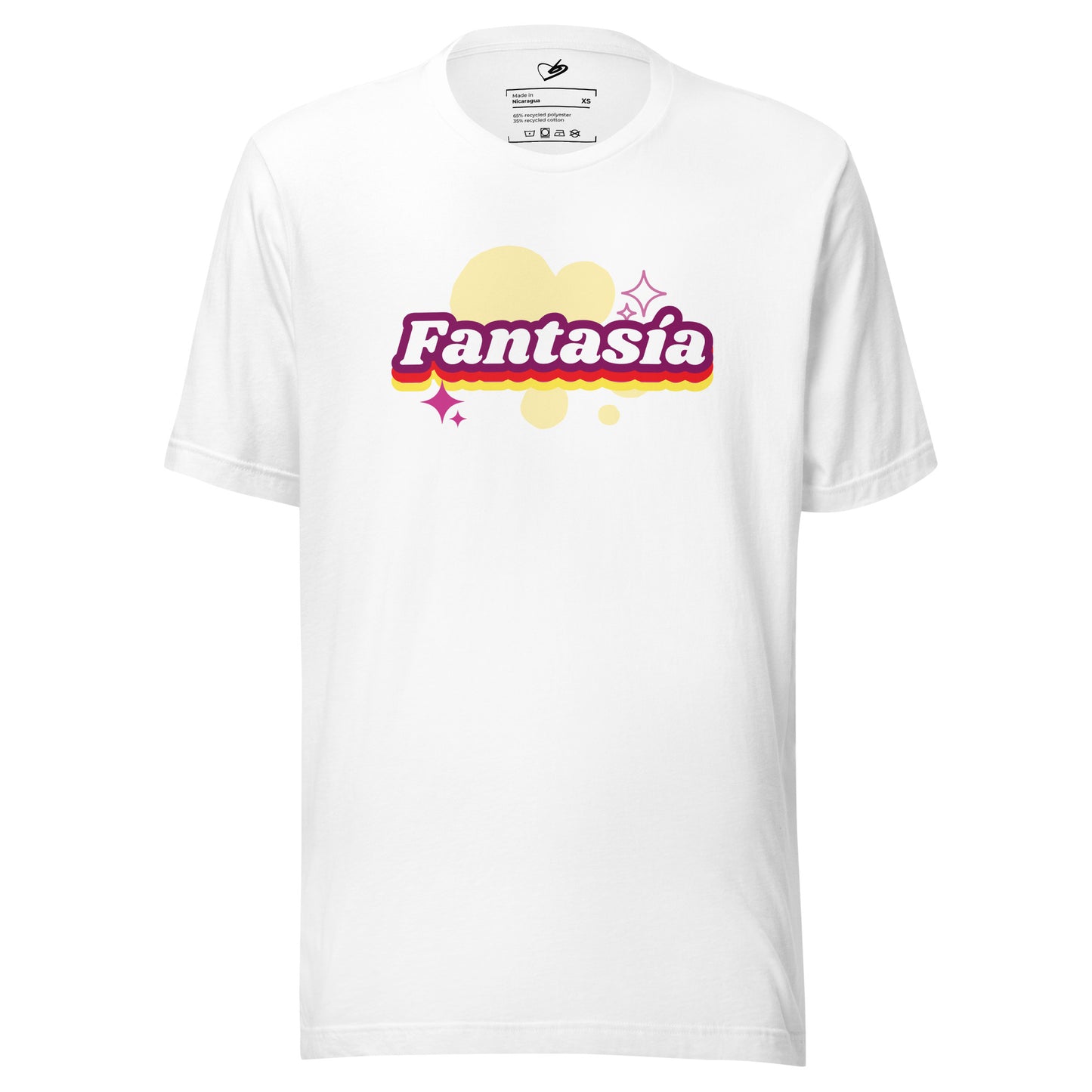 Front view of the Fantasia Tee featuring "Fantasia" text in vibrant, colorful pop-up lettering on 100% recycled fabric.