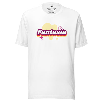 Front view of the Fantasia Tee featuring "Fantasia" text in vibrant, colorful pop-up lettering on 100% recycled fabric.