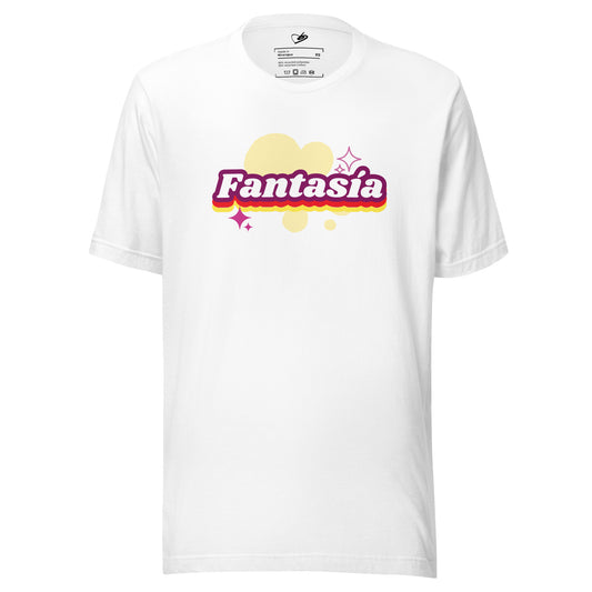 Front view of the Fantasia Tee featuring "Fantasia" text in vibrant, colorful pop-up lettering on 100% recycled fabric.