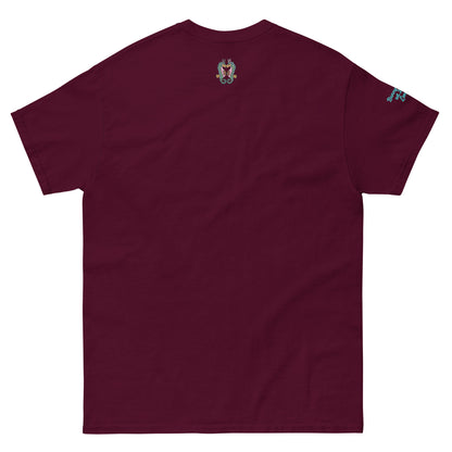 Back view of the BunnyBanky unisex classic maroon t-shirt featuring a colourful small printed seahorse at the back, and the word "LOVE" in teal and crimson block lettering, with a circular recycle arrow design forming the letter O at the front.