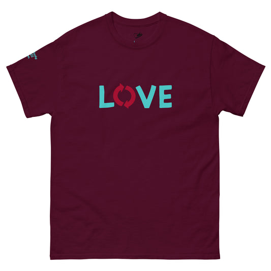 Front view of the BunnyBanky unisex classic maroon t-shirt featuring the word "LOVE" in teal and crimson block lettering, with a circular recycle arrow design forming the letter O.
