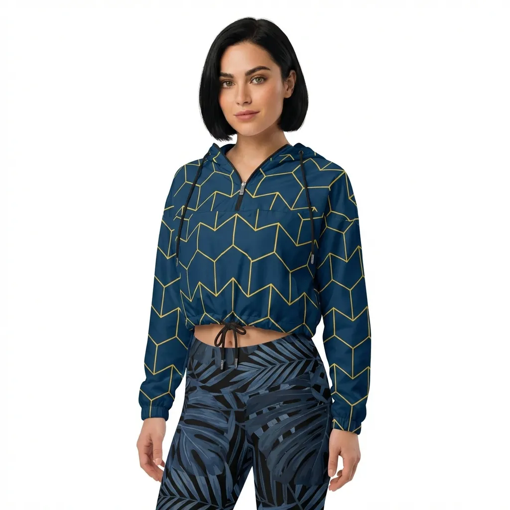 BunnyBankY AI Model wearing The Baron's Court Windbreaker, showing the lightweight jacket's fit and the signature navy blue and yellow Art Deco print, and the Toulouse Sculpt Leggings.