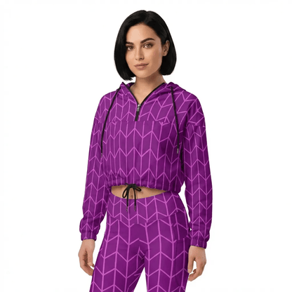 BunnyBankY AI model wearing The New York Windbreaker, showing the lightweight jacket's fit and the signature purple and lilac Art Deco print with matching New York Sculpt Leggings.