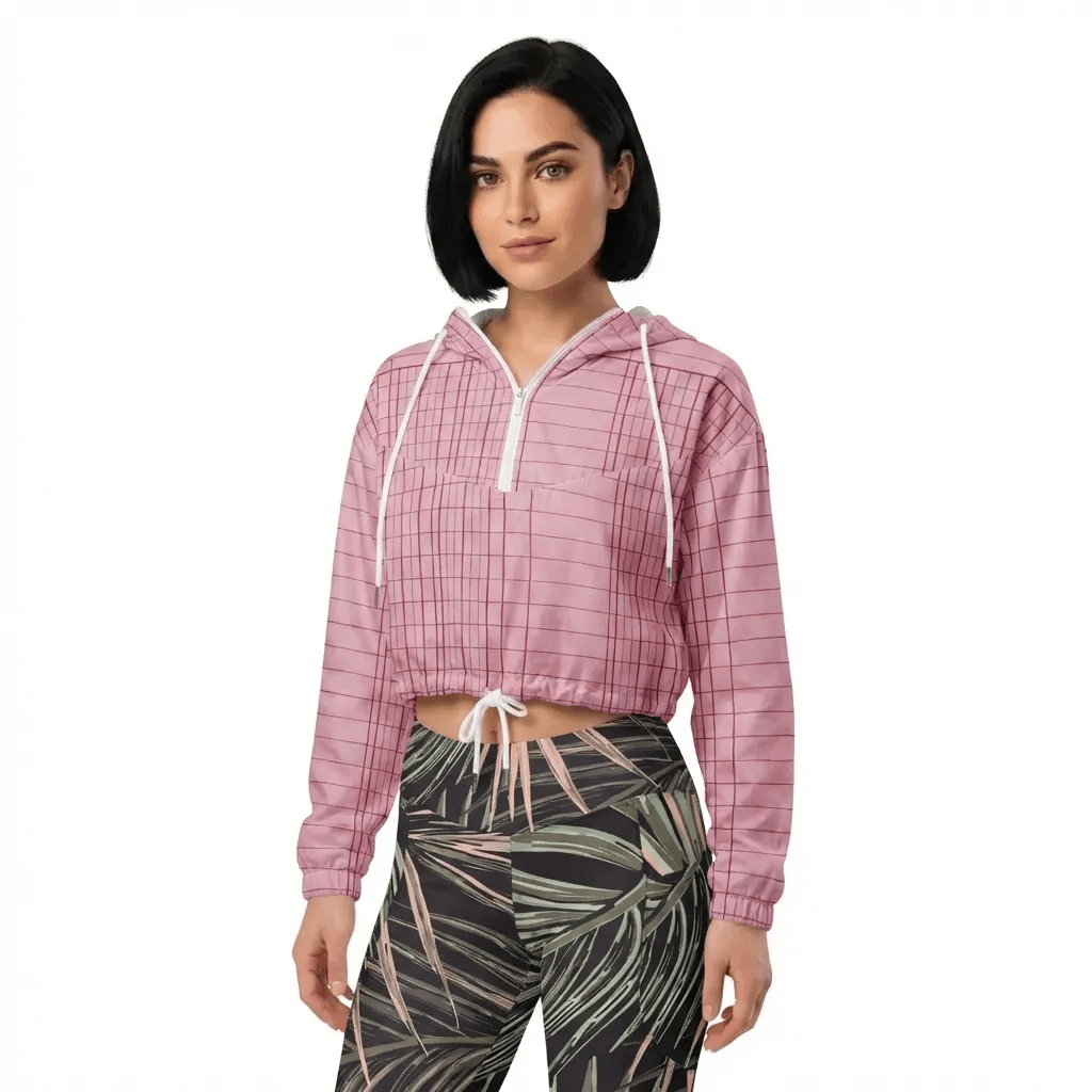 BunnyBankY AI Model wearing the Edinburgh Windbreaker with the signature geometric print in dusty pink with burgundy lines and the Chiswick Sculpt Leggings