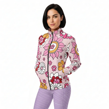 A BunnyBankY AI model wearing The Primrose Hill Track Jacket, showing the lightweight fit and the vibrant pink and yellow oversized floral print, and the Roma Sculpt Leggings.