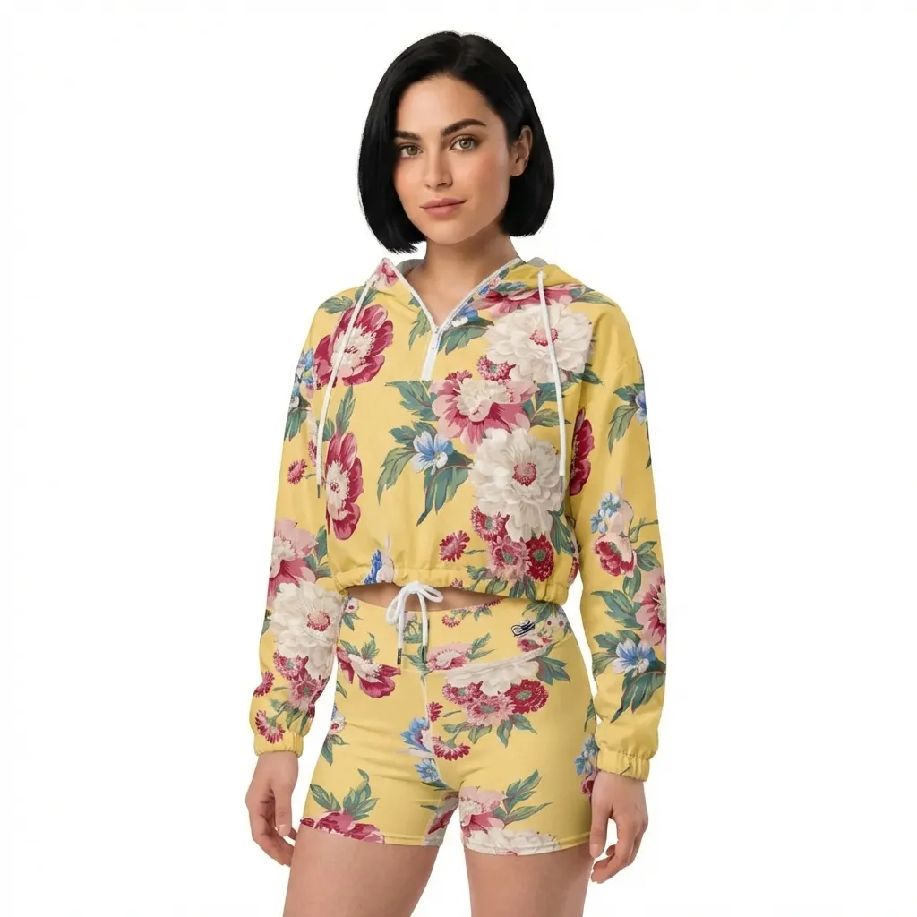 BunnyBanky AI model wearing The Toronto Windbreaker, showing the lightweight jacket's fit and the signature vintage floral print in yellow, and matching Toronto Biker Shorts