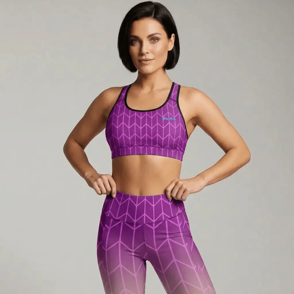 BunnyBanky AI proprietary model wearing the New York Performance Bra and matching sculpt leggings featuring a lilac geometric pattern on purple fabric.
