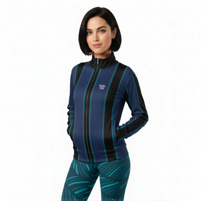 A BunnyBankY AI model wearing The Regent Track Jacket, showing the premium slim fit, full-zip closure, and the vertical green and blue stripe print on the navy background.. and the Amazonia Sculpt Leggings.